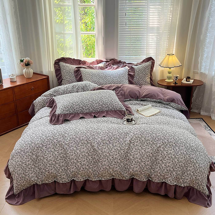 91家纺网 家纺一手货源 找家纺 梦舒羽 2025新款水洗珍珠棉花边四件套学生宿舍套件复古风四件套 盛夏