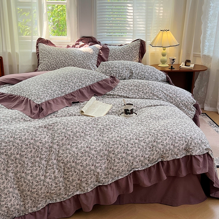 91家纺网 家纺一手货源 找家纺 梦舒羽 2025新款水洗珍珠棉花边四件套学生宿舍套件复古风四件套 盛夏