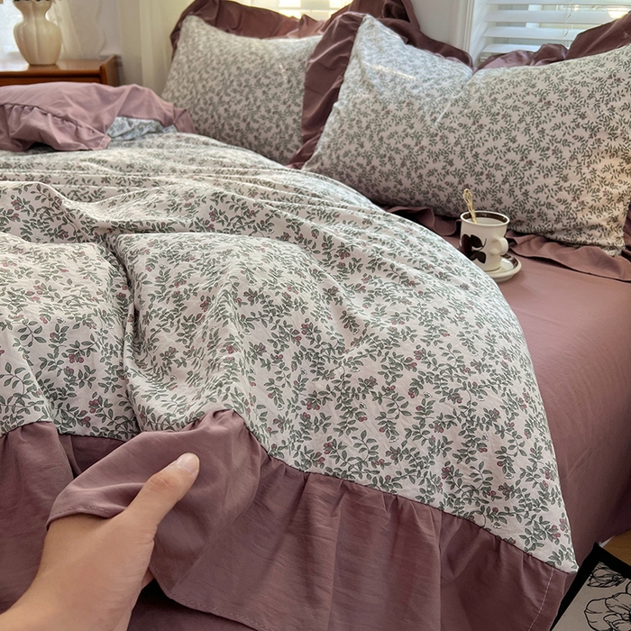 91家纺网 家纺一手货源 找家纺 梦舒羽 2025新款水洗珍珠棉花边四件套学生宿舍套件复古风四件套 盛夏