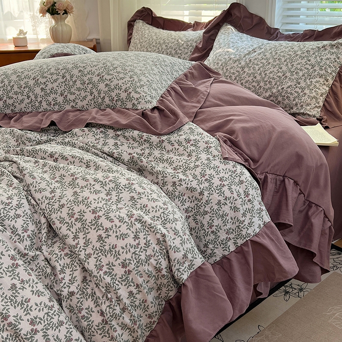 91家纺网 家纺一手货源 找家纺 梦舒羽 2025新款水洗珍珠棉花边四件套学生宿舍套件复古风四件套 盛夏