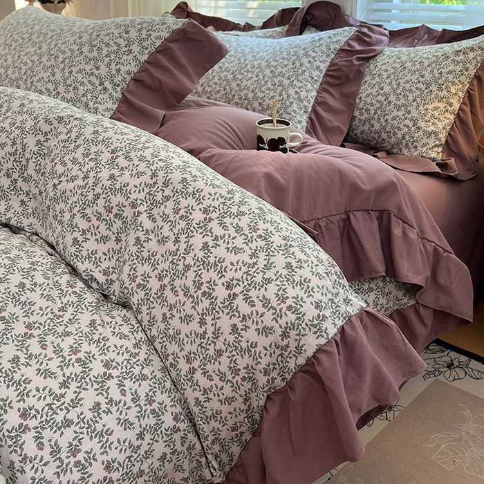 91家纺网 家纺一手货源 找家纺 梦舒羽 2025新款水洗珍珠棉花边四件套学生宿舍套件复古风四件套 盛夏