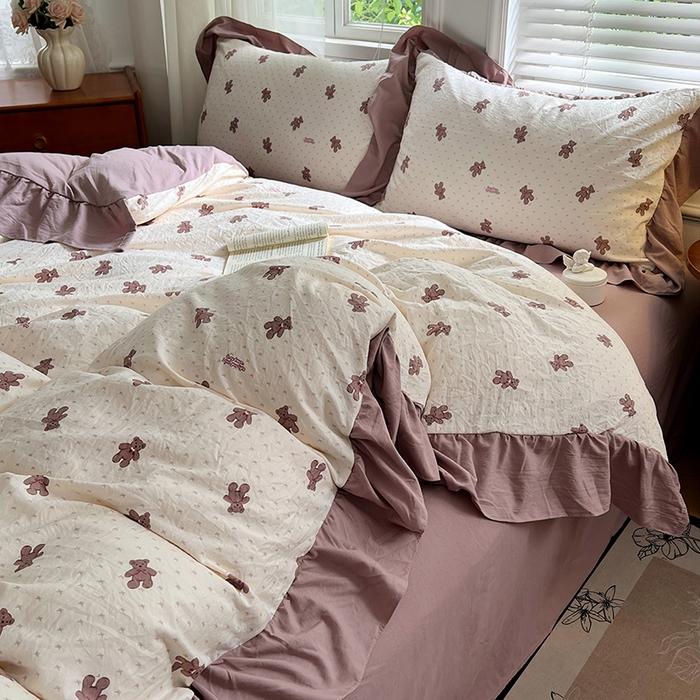 91家纺网 家纺一手货源 找家纺 梦舒羽 2025新款水洗珍珠棉花边四件套学生宿舍套件复古风四件套 童话镇