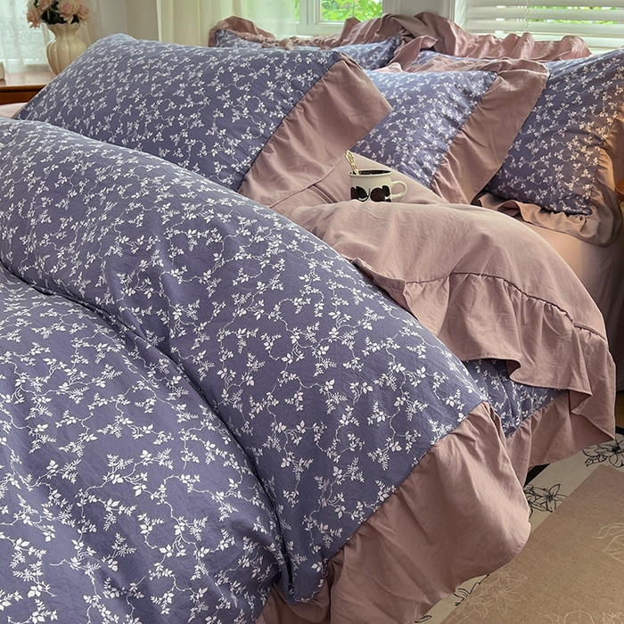 91家纺网 家纺一手货源 找家纺 梦舒羽 2025新款水洗珍珠棉花边四件套学生宿舍套件复古风四件套 紫藤花语