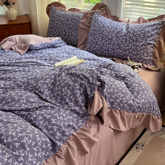 91家纺网 家纺一手货源 找家纺 梦舒羽 2025新款水洗珍珠棉花边四件套学生宿舍套件复古风四件套 紫藤花语