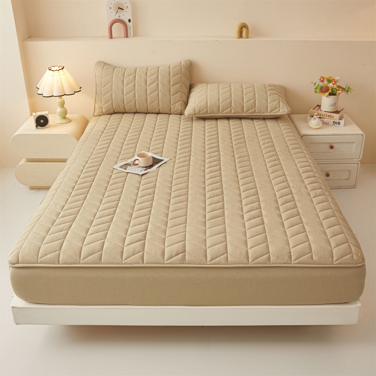 优眠坊 2025新品全棉色织水洗棉纯棉夹棉抗菌绗缝床笠-幻格系列 幻格-卡其