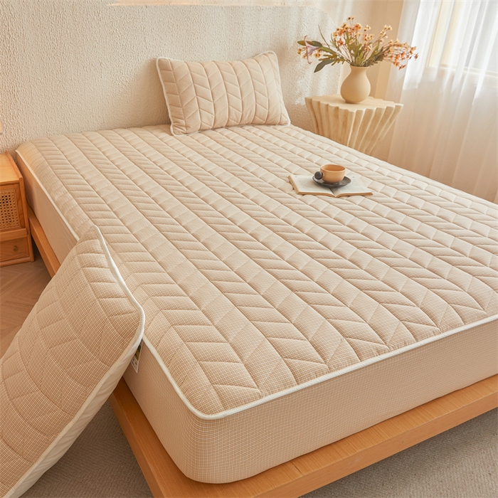 91家纺网 家纺一手货源 找家纺 优眠坊 2025新品全棉色织水洗棉纯棉夹棉抗菌绗缝床笠-幻格系列 方格-卡其