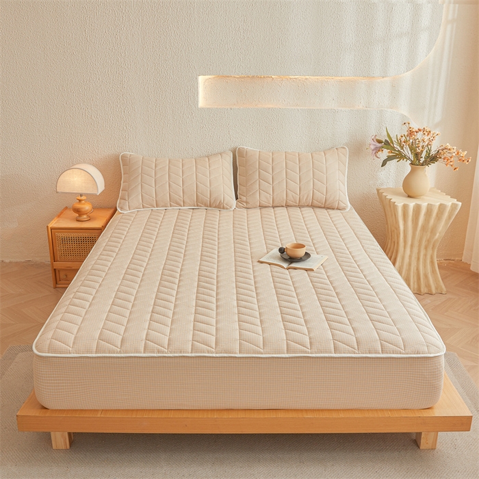 优眠坊 2025新品全棉色织水洗棉纯棉夹棉抗菌绗缝床笠-幻格系列 方格-卡其