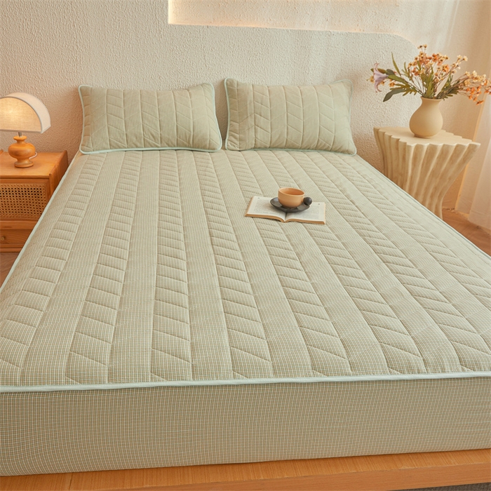 91家纺网 家纺一手货源 找家纺 优眠坊 2025新品全棉色织水洗棉纯棉夹棉抗菌绗缝床笠-幻格系列 方格-抹茶绿