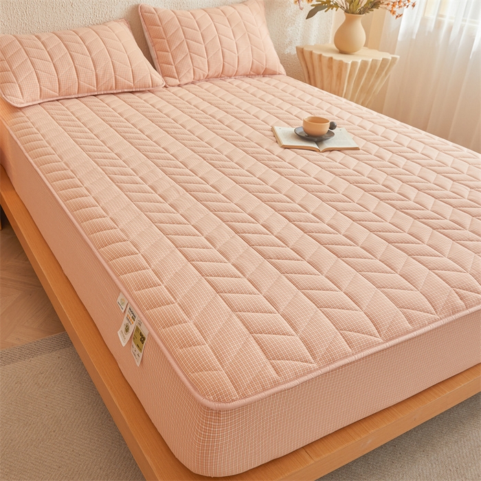 91家纺网 家纺一手货源 找家纺 优眠坊 2025新品全棉色织水洗棉纯棉夹棉抗菌绗缝床笠-幻格系列 方格-玉色