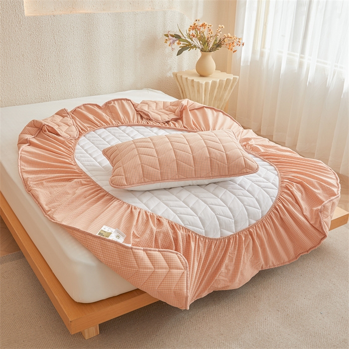 91家纺网 家纺一手货源 找家纺 优眠坊 2025新品全棉色织水洗棉纯棉夹棉抗菌绗缝床笠-幻格系列 方格-玉色