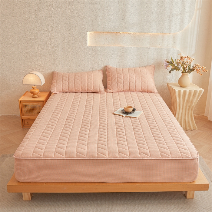 优眠坊 2025新品全棉色织水洗棉纯棉夹棉抗菌绗缝床笠-幻格系列 方格-玉色