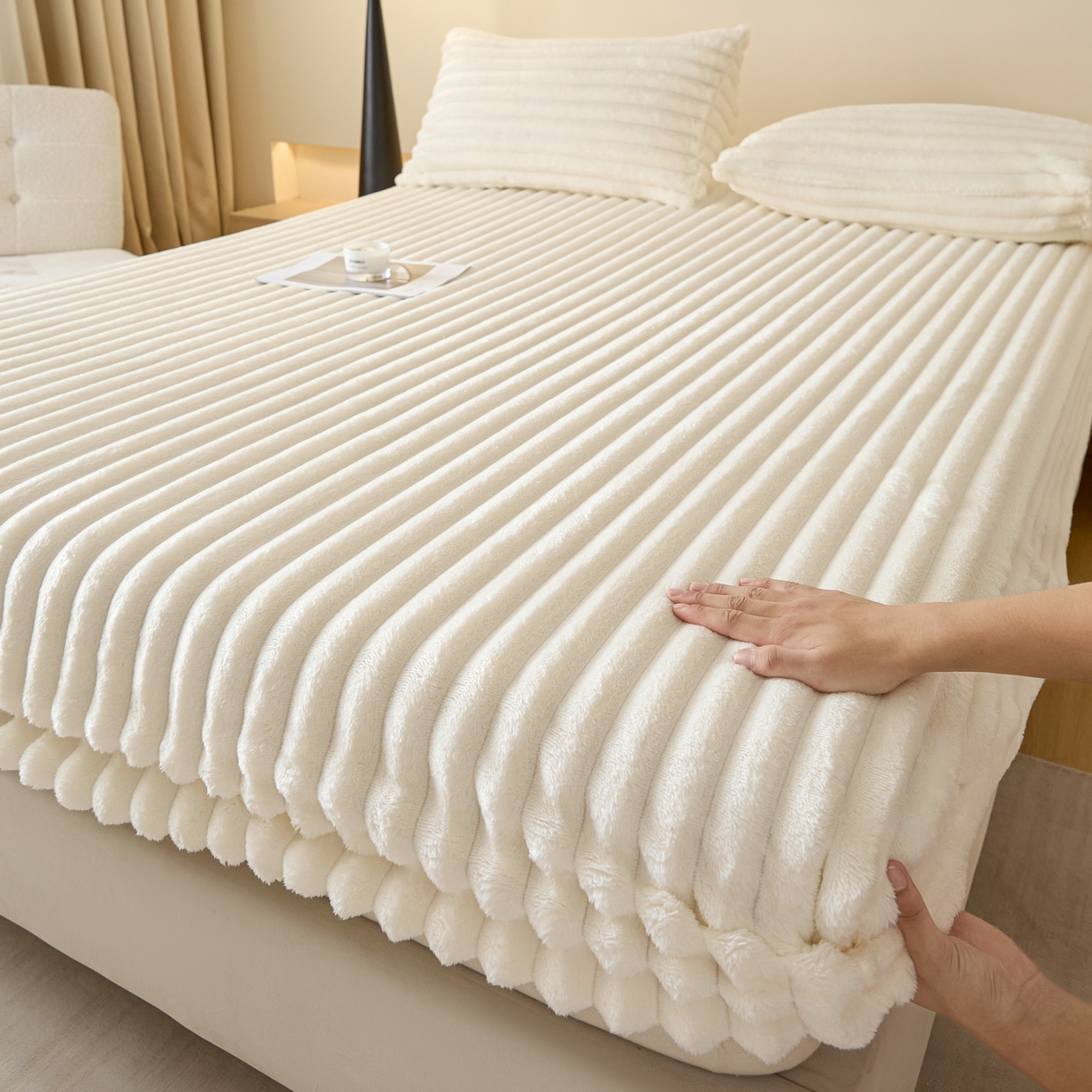 酱子 2025新款兔毛绒大抽条床笠单品床笠床笠单件 抽条-床笠米白