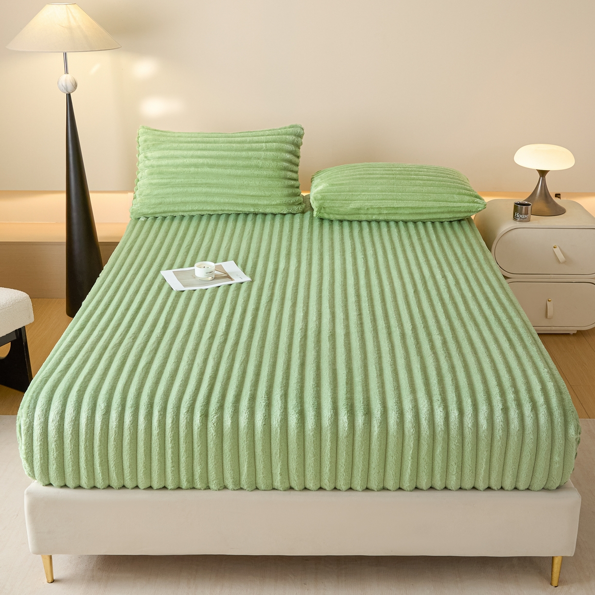 91家纺网 家纺一手货源 找家纺 酱子 2025新款兔毛绒大抽条床笠单品床笠床笠单件 抽条-床笠果绿