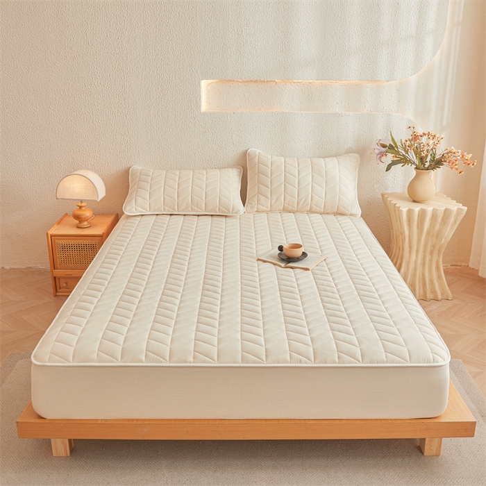 优眠坊 2025新品全棉色织水洗棉纯棉夹棉抗菌绗缝床笠-幻格系列 条纹-卡其