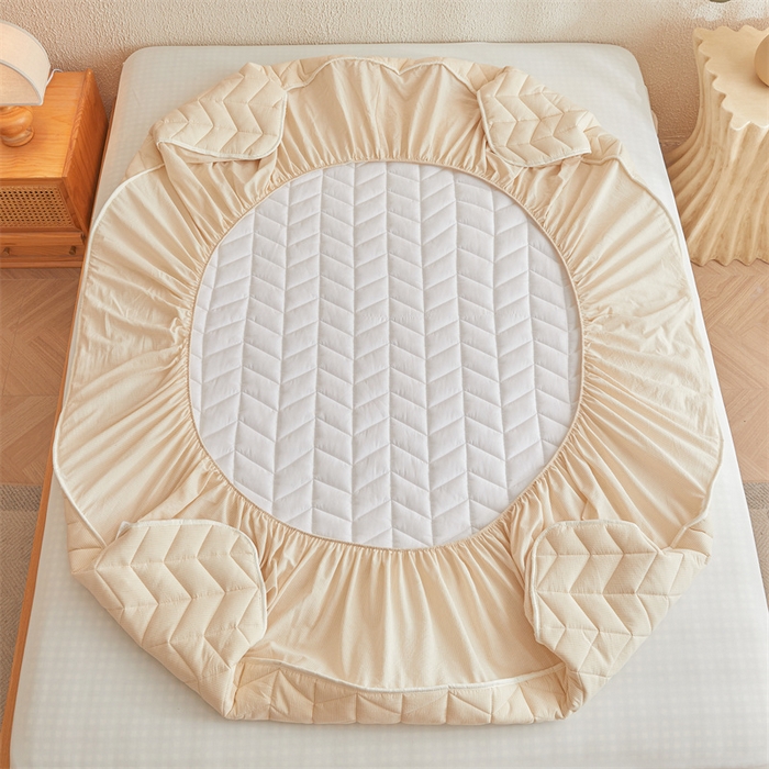 91家纺网 家纺一手货源 找家纺 优眠坊 2025新品全棉色织水洗棉纯棉夹棉抗菌绗缝床笠-幻格系列 条纹-卡其