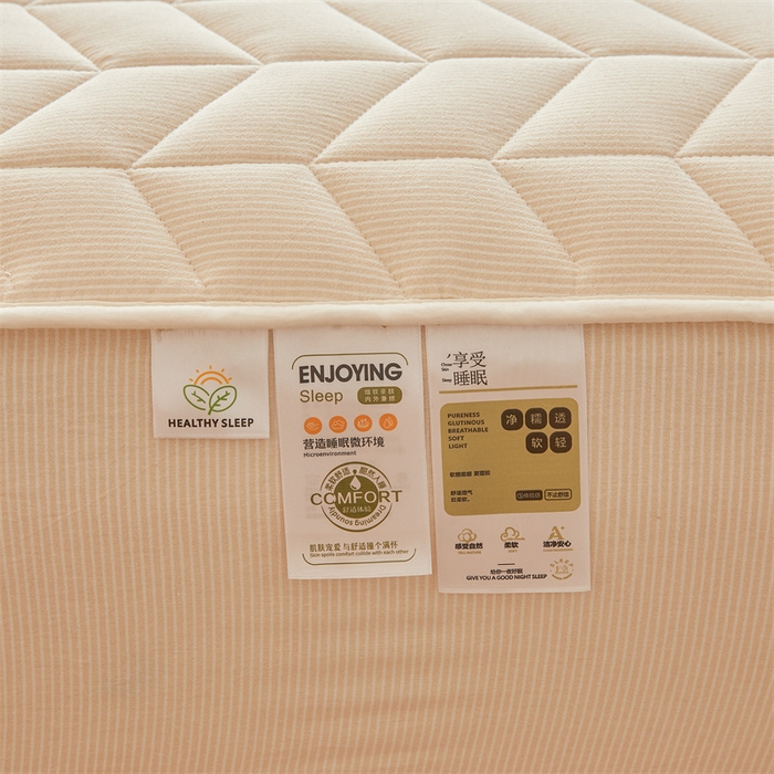 91家纺网 家纺一手货源 找家纺 优眠坊 2025新品全棉色织水洗棉纯棉夹棉抗菌绗缝床笠-幻格系列 条纹-卡其