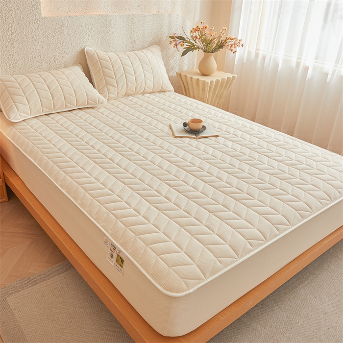 91家纺网 家纺一手货源 找家纺 优眠坊 2025新品全棉色织水洗棉纯棉夹棉抗菌绗缝床笠-幻格系列 条纹-卡其