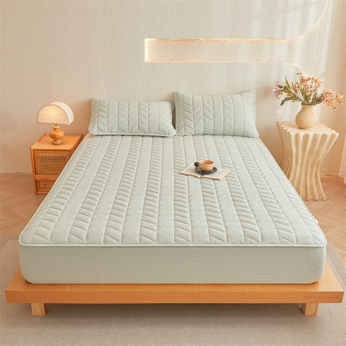 优眠坊 2025新品全棉色织水洗棉纯棉夹棉抗菌绗缝床笠-幻格系列 条纹-清新绿