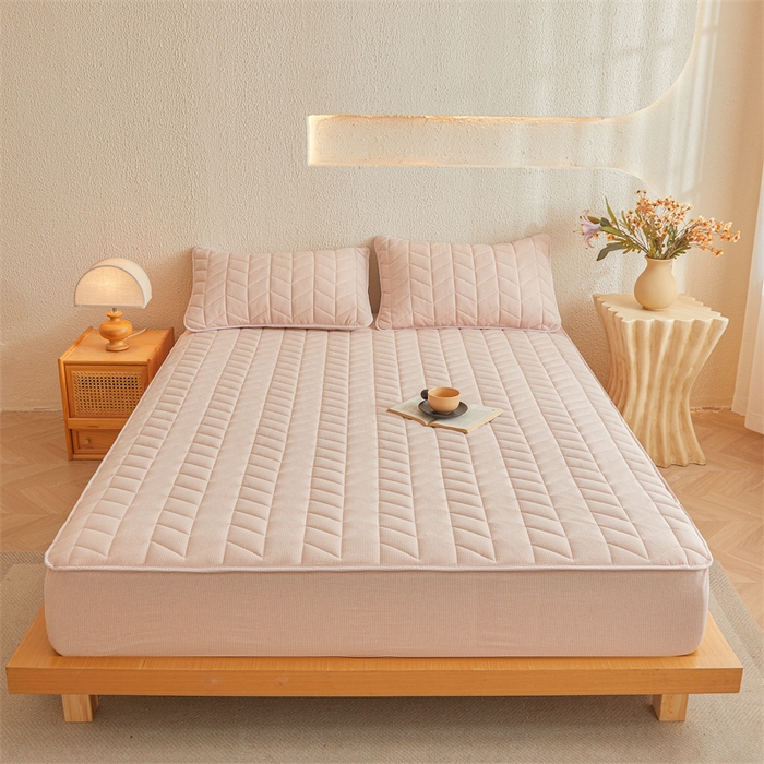 优眠坊 2025新品全棉色织水洗棉纯棉夹棉抗菌绗缝床笠-幻格系列 条纹-玉色