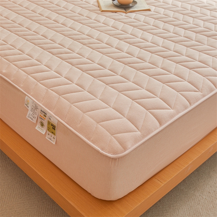 91家纺网 家纺一手货源 找家纺 优眠坊 2025新品全棉色织水洗棉纯棉夹棉抗菌绗缝床笠-幻格系列 条纹-玉色