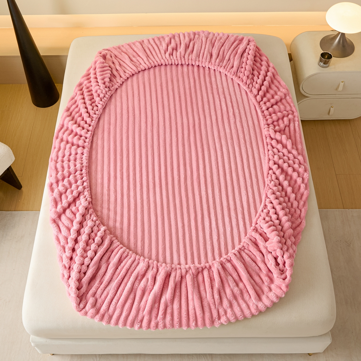 91家纺网 家纺一手货源 找家纺 酱子 2025新款兔毛绒大抽条床笠单品床笠床笠单件 抽条-床笠浅粉