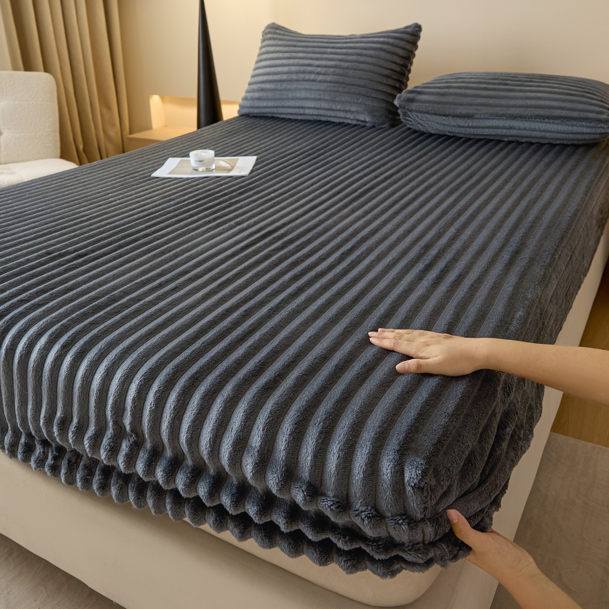 酱子 2025新款兔毛绒大抽条床笠单品床笠床笠单件 抽条-床笠深灰