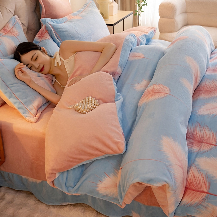 91家纺网 家纺一手货源 找家纺 简如 2025新款高克重A类印花臻棉绒牛奶绒四件套冬季加厚法莱 江边芦苇-蓝