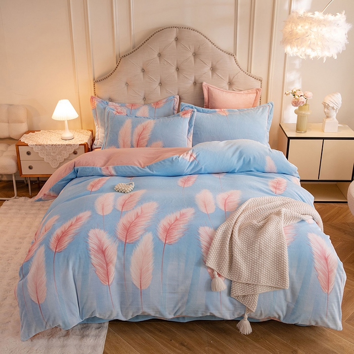 简如 2025新款高克重A类印花臻棉绒牛奶绒四件套冬季加厚法莱 江边芦苇-蓝