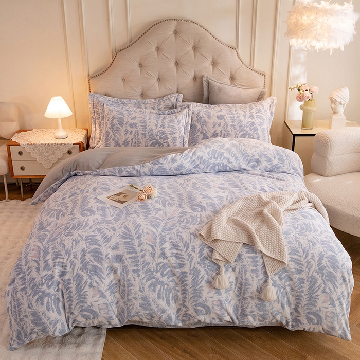 简如 2025新款高克重A类印花臻棉绒牛奶绒四件套冬季加厚法莱 蕉叶寂寂-蓝