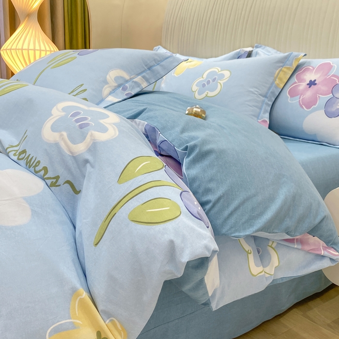 昊翔家纺 2025新款100%全棉纯棉加厚磨毛四件套 花田与夏-蓝