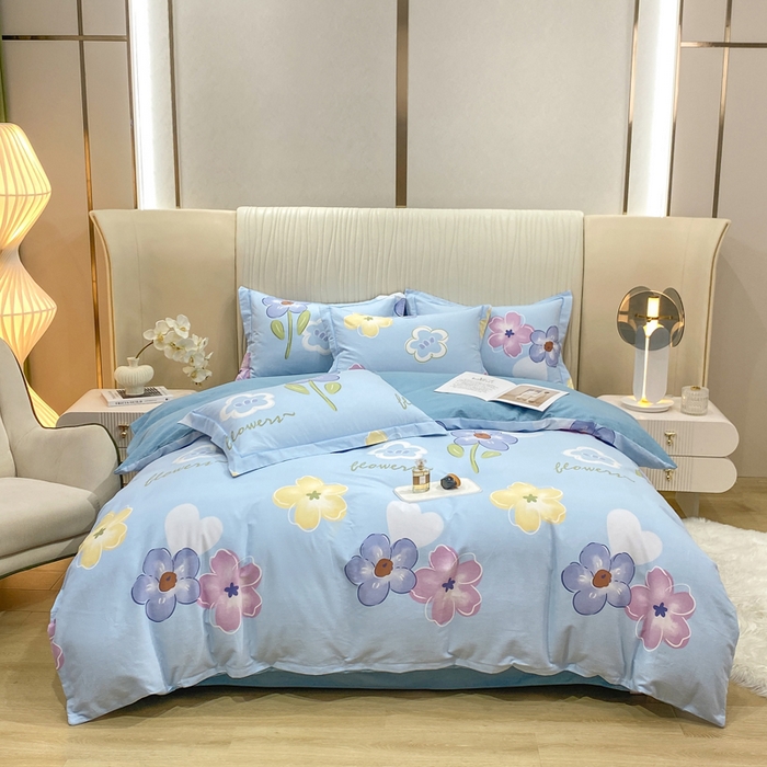 91家纺网 家纺一手货源 找家纺 昊翔家纺 2025新款100%全棉纯棉加厚磨毛四件套 花田与夏-蓝