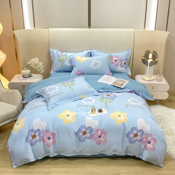 91家纺网 家纺一手货源 找家纺 昊翔家纺 2025新款100%全棉纯棉加厚磨毛四件套 花田与夏-蓝