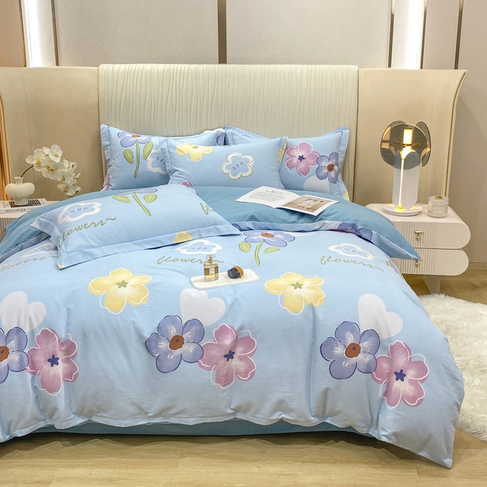 91家纺网 家纺一手货源 找家纺 昊翔家纺 2025新款100%全棉纯棉加厚磨毛四件套 花田与夏-蓝