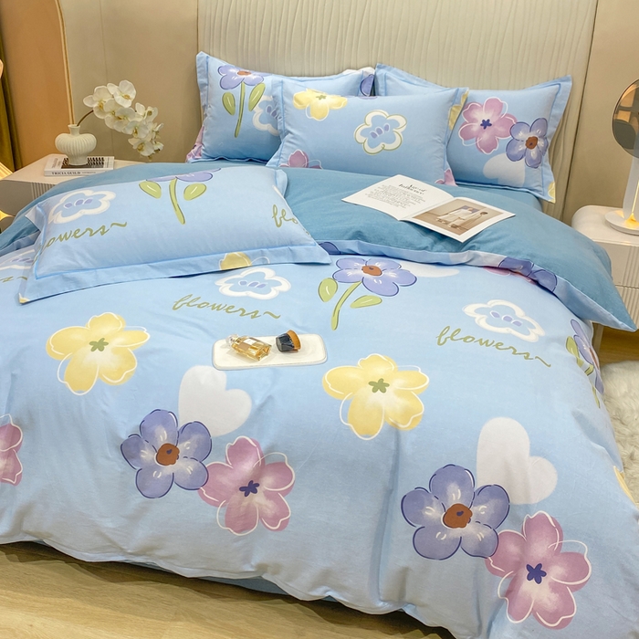 91家纺网 家纺一手货源 找家纺 昊翔家纺 2025新款100%全棉纯棉加厚磨毛四件套 花田与夏-蓝