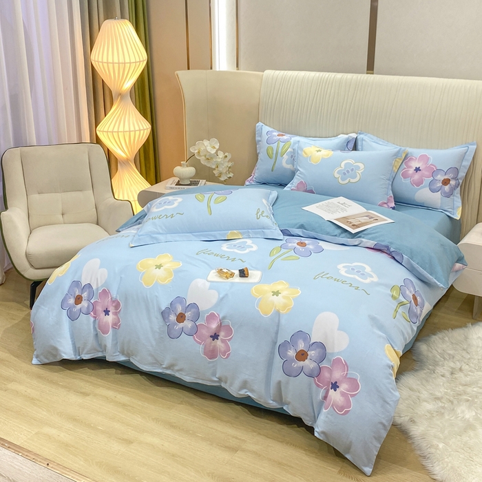 91家纺网 家纺一手货源 找家纺 昊翔家纺 2025新款100%全棉纯棉加厚磨毛四件套 花田与夏-蓝