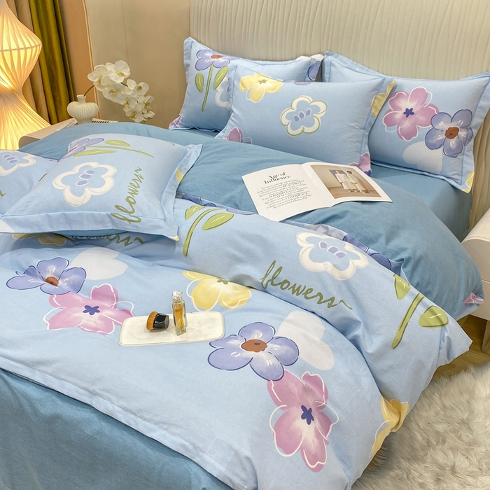 91家纺网 家纺一手货源 找家纺 昊翔家纺 2025新款100%全棉纯棉加厚磨毛四件套 花田与夏-蓝