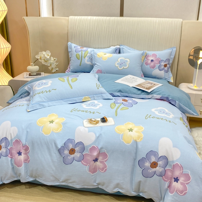 91家纺网 家纺一手货源 找家纺 昊翔家纺 2025新款100%全棉纯棉加厚磨毛四件套 花田与夏-蓝