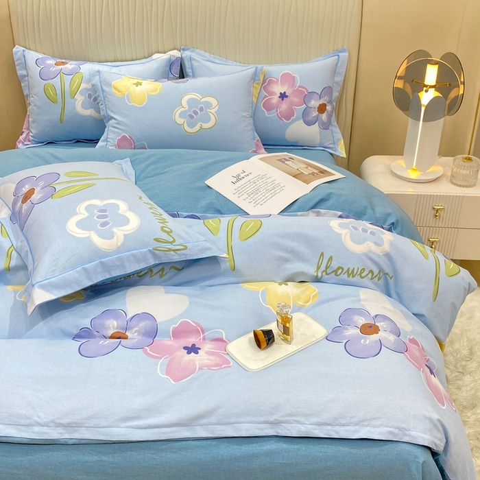 91家纺网 家纺一手货源 找家纺 昊翔家纺 2025新款100%全棉纯棉加厚磨毛四件套 花田与夏-蓝