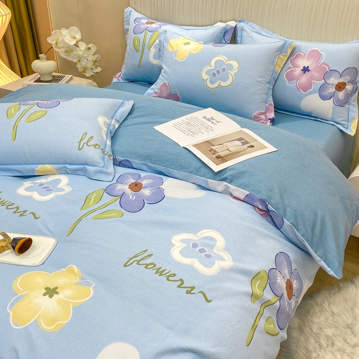 91家纺网 家纺一手货源 找家纺 昊翔家纺 2025新款100%全棉纯棉加厚磨毛四件套 花田与夏-蓝