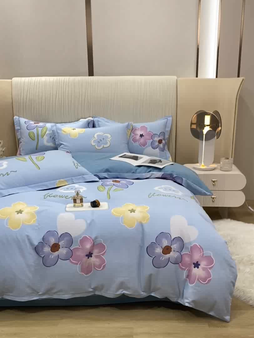 91家纺网 家纺一手货源 找家纺 昊翔家纺 2025新款100%全棉纯棉加厚磨毛四件套 花田与夏-蓝