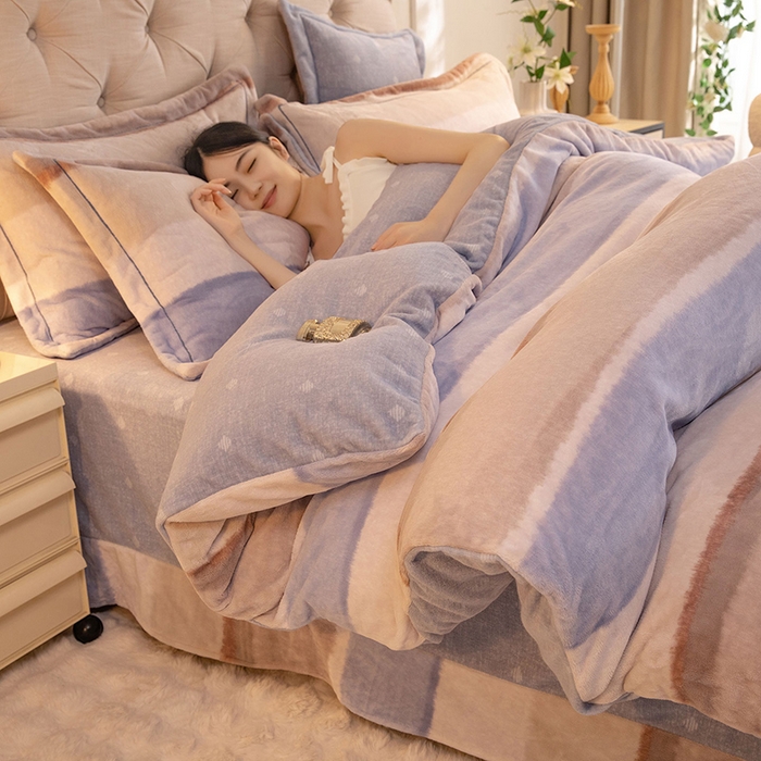 91家纺网 家纺一手货源 找家纺 简如 2025新款高克重A类印花臻棉绒牛奶绒四件套冬季加厚法莱 旷野(蓝咖)