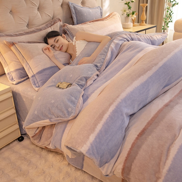 91家纺网 家纺一手货源 找家纺 简如 2025新款高克重A类印花臻棉绒牛奶绒四件套冬季加厚法莱 旷野(蓝咖)