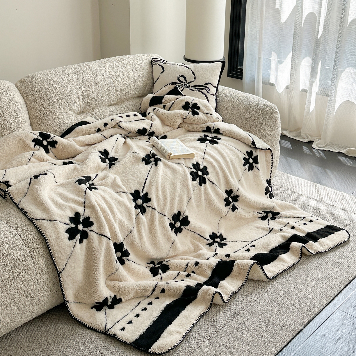 91家纺网 家纺一手货源 找家纺 繁花家居 2025新款阳离子羊羔绒毛毯毯子 墨韵花