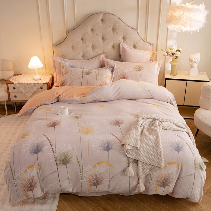 简如 2025新款高克重A类印花臻棉绒牛奶绒四件套冬季加厚法莱 芦花摇曳（灰）