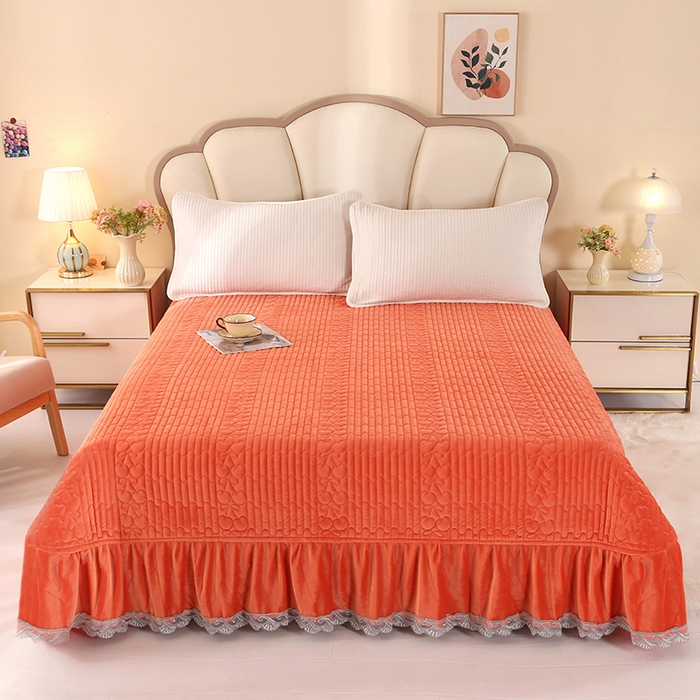 91家纺网 家纺一手货源 找家纺 栩裕纺织 2025新款宝宝绒夹棉单床盖-大蕾丝花边款 橙色