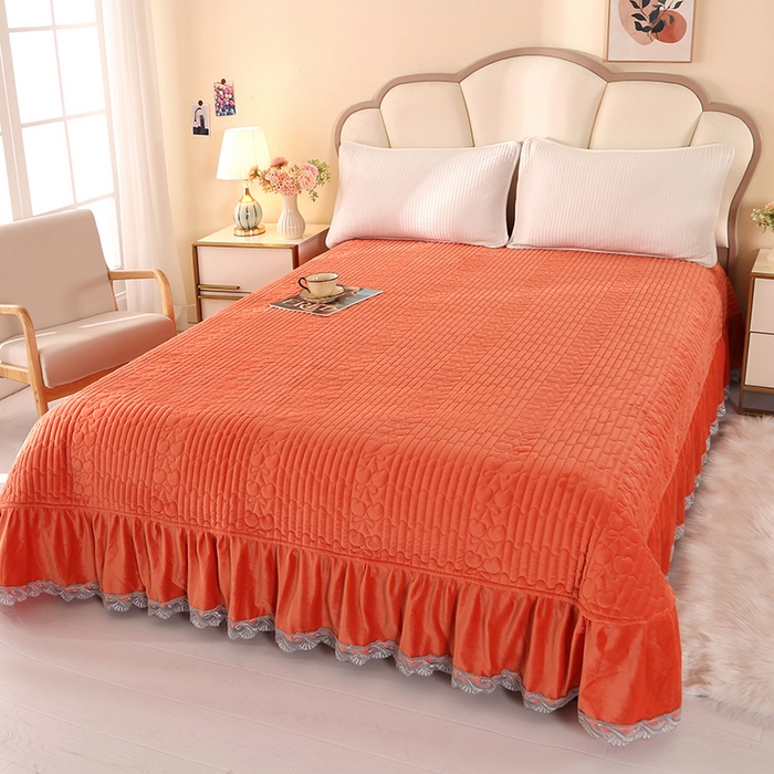 栩裕纺织 2025新款宝宝绒夹棉单床盖-大蕾丝花边款 橙色