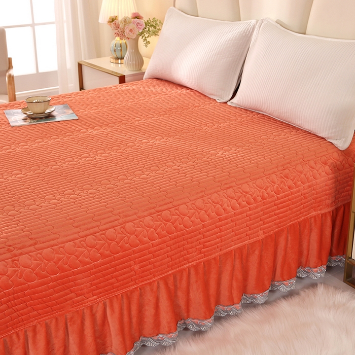 91家纺网 家纺一手货源 找家纺 栩裕纺织 2025新款宝宝绒夹棉单床盖-大蕾丝花边款 橙色