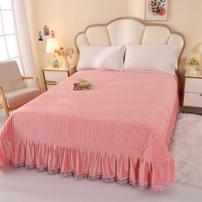 栩裕纺织 2025新款宝宝绒夹棉单床盖-大蕾丝花边款 皮红