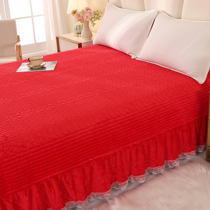 91家纺网 家纺一手货源 找家纺 栩裕纺织 2025新款宝宝绒夹棉单床盖-大蕾丝花边款 中国红