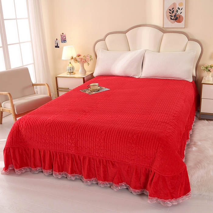 栩裕纺织 2025新款宝宝绒夹棉单床盖-大蕾丝花边款 中国红